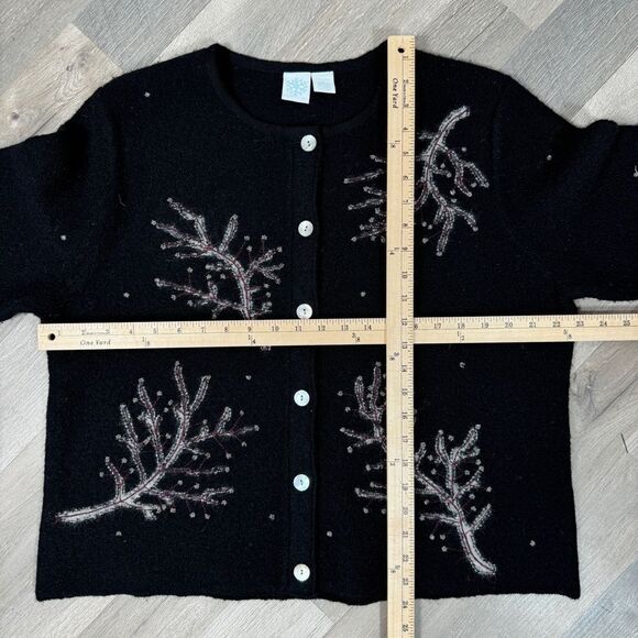 Frost Hand Knit Iced Tree Branches Beaded Wool Cardigan Sweater Black Large - Picture 10 of 11